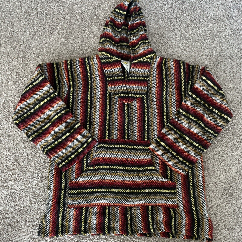 Unisex Adult Woven Knit Baja Style Hoodie Striped Red Black Acrylic Size Medium
